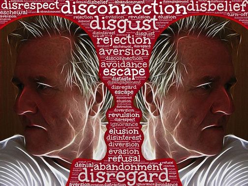A mans face mirrored with him looking away, in the middle of the two reflections are words that illustrate rejection, aversion, avoidance, etc. 